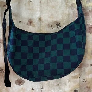 Baggu Medium Crescent. Teal and Navy Checkered.